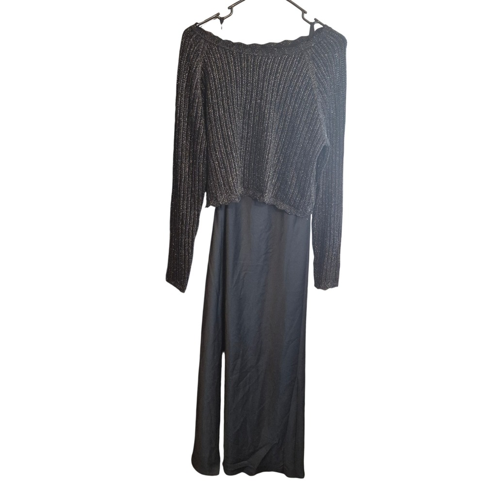 Taylor 2 Piece Dress Set Womens L Black Metallic Knit Sweater Slip Dress Party